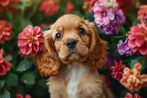 ai genererad amerikan cockerspaniel spaniel valp mycket söt ögon med blommor foto