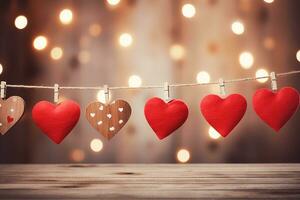 ai genererad Lycklig hjärtans dag, röd hjärtan hänga på trä- kläder pinnar på en sträng, med bokeh lampor i de bakgrund foto