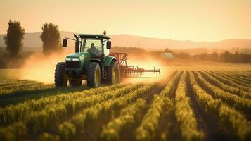 ai genererad en traktor sprayer pesticider på plantage, jordbruk foto