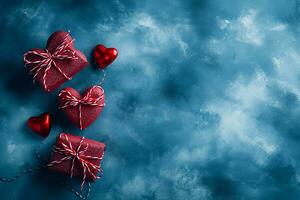 ai genererad röd gåvor med reste sig blommor på blå molnig bakgrund, Lycklig valentine dag begrepp foto