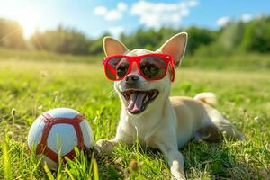 ai genererad fotboll chihuahua hund spelar med boll och skrattande ut högt med röd solglasögon utomhus foto