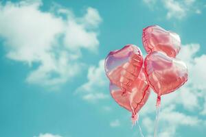 ai genererad rosa hjärta formad folie luft ballonger flytande på blå molnig himmel, hjärtans dag firande foto