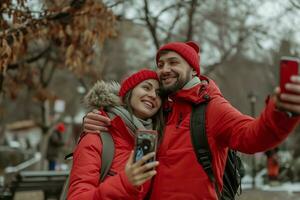 ai genererad glad härlig par tar selfie på valentines dag, Lycklig valentine dag begrepp foto