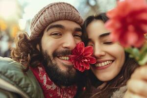 ai genererad glad härlig par tar selfie på valentines dag, Lycklig valentine dag begrepp foto