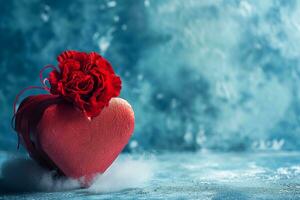 ai genererad röd gåvor med reste sig blommor på blå molnig bakgrund, Lycklig valentine dag begrepp foto