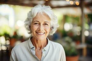 ai genererad Lycklig senior medborgare kvinna, ljus suddigt trädgård se i bakgrund foto