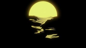 skön klar stor soluppgång eller solnedgång stänga ovan svart vågig vatten yta. design. stor gul varm Sol i de reflexion av de hav över de horisont, abstrakt landskap. foto