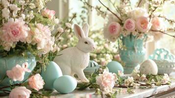 ai genererad mjuk nyans ägg, kaniner, och vår blooms skapa en nyckfull påsk sagoland foto
