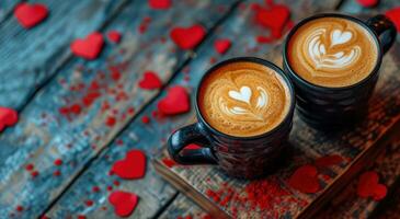 ai genererad två kaffe drycker på topp av en trä- tabell med valentine hjärtan foto