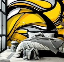 ai genererad ljus sovrum mural med abstrakt design gul foto