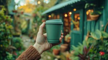 ai genererad upp stänga skott av en person innehav en grön kaffe kopp i främre av en grön hus foto