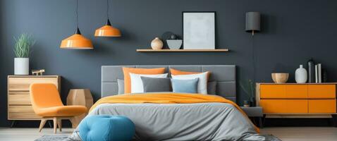 ai genererad en sovrum med en mörk grå vägg och orange dekor och Tillbehör foto