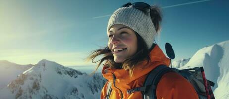 ai genererad en kvinna leende på en berg backe med åka skidor glasögon på foto