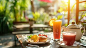 ai genererad skön annons Foto av sommar frukost i utomhus- Kafé med kopia Plats