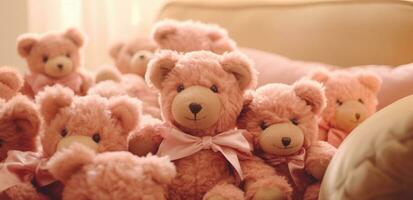 ai genererad en grupp av teddy björnar sitter anordnad på en soffa foto