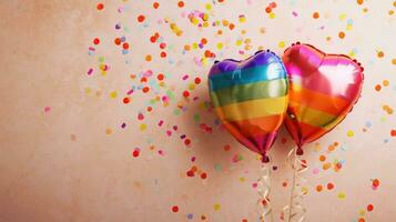 ai genererad generativ ai, folie HBTQ regnbåge flagga färger ballonger i hjärta form och konfetti för hjärtans dag eller bröllop med kopia Plats foto
