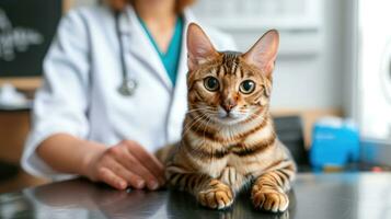 ai genererad generativ ai, söt katt varelse undersökt förbi professionell veterinär i veterinär klinik foto