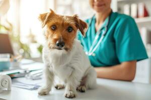 ai genererad generativ ai, söt små hund varelse undersökt förbi professionell veterinär i veterinär klinik foto