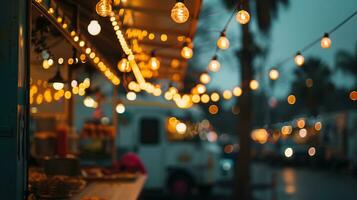 ai genererad generativ ai, mat lastbil gata festival, suddig lampor bakgrund, atmosfärisk bokeh, dämpad färger foto