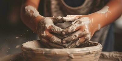 ai genererad generativ ai, unge händer med lera framställning av en keramisk pott i de krukmakeri verkstad studio, hobby och fritid begrepp foto