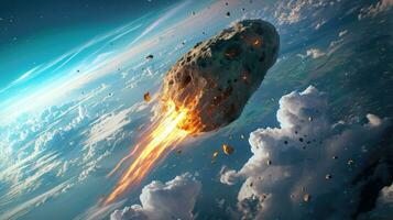 ai genererad generativ ai, asteroid är flygande till de jorden, sparken meteor, påverkan jord foto