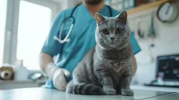 ai genererad generativ ai, söt katt varelse undersökt förbi professionell veterinär i veterinär klinik foto