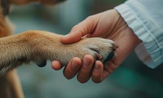 ai genererad generativ ai, veterinär hand är innehav hundar klo. hundar Tass i människor hand. inhemsk sällskapsdjur foto