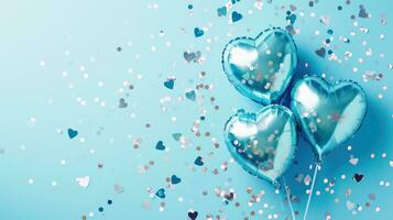 ai genererad generativ ai, folie blå ballonger i hjärta form och konfetti för hjärtans dag eller bröllop med kopia Plats foto