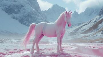 ai genererad en enhörning är stående i främre av berg, silver- och rosa foto