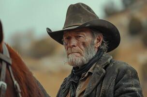 ai genererad ett äldre man i en cowboy hatt ridning en häst foto