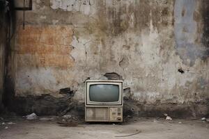 ai genererad närbild fotografera av gammal crt TV i främre av gammal vägg foto