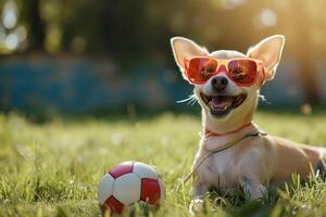 ai genererad fotboll chihuahua hund spelar med boll och skrattande ut högt med röd solglasögon utomhus foto