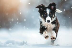 ai genererad Lycklig löpning hund på vinter- snö skog foto