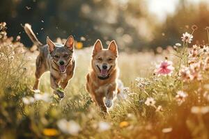 ai genererad två söt hundar springa glatt genom en sommar blommande äng foto