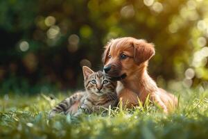 ai genererad Lycklig liten orange havanese valp hund och katt är Sammanträde i de gräs foto