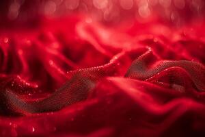 ai genererad röd Färg bakgrund omgiven förbi romantisk atmosfär av flytande röd hjärta formad Skära ut papper foto