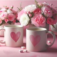 ai genererad två koppar av kaffe med rosa och vit blommor på en rosa bakgrund foto