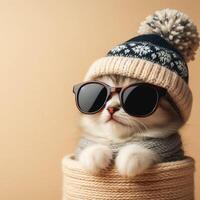 ai genererad söt katt bär stickat hatt, scarf och solglasögon. mode begrepp. foto