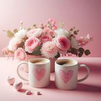 ai genererad två koppar av kaffe med rosa och vit blommor på en rosa bakgrund foto