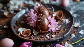 ai genererad en choklad ägg med blommor och äggskal på en tallrik foto