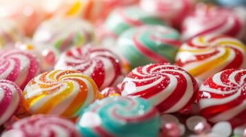 ai genererad ljus barndom ljuv röd färgrik godis utsökt bonbon efterrätt bakgrund socker närbild foto