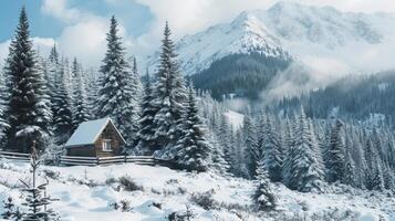 ai genererad en vinterlig scen i de hjärta av de trän med en enslig trä- stuga och snödraperad tall träd på en berg glänta. jul vykort. snöig bergen skog foto