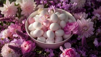 ai genererad en skål fylld med massor av vit och rosa ägg omgiven förbi rosa och lila blommor på topp av en säng av lila och vit blommor foto