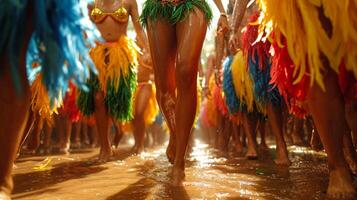 ai genererad samba skola prestera på märken de sapucai känd som sambodromo, ben av kvinnor i karneval. foto