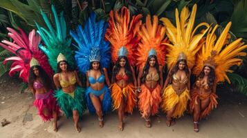 ai genererad grupp av skön ung kvinnor i färgrik brasiliansk karneval kostymer. foto