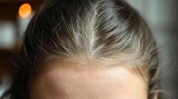 ai genererad närbild av grå hår på kvinnas huvud. hår vård begrepp. foto