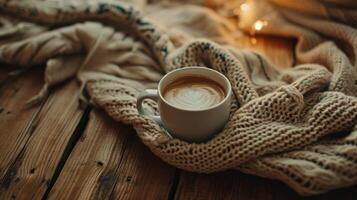 ai genererad mysigt kaffe bryggning och värma stickat på en trä golv - fattande värme på en kyligt natt foto