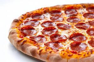 utsökt pepperoni pizza på en rena vit bakgrund, närbild se foto