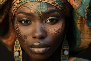 ai genererad porträtt av ett afrikansk amerikan kvinna med en Karta på henne ansikte foto