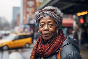 ai genererad porträtt av ett gammal afrikansk amerikan kvinna i traditionell kläder och huvudbonad på de gata av en stor stad foto